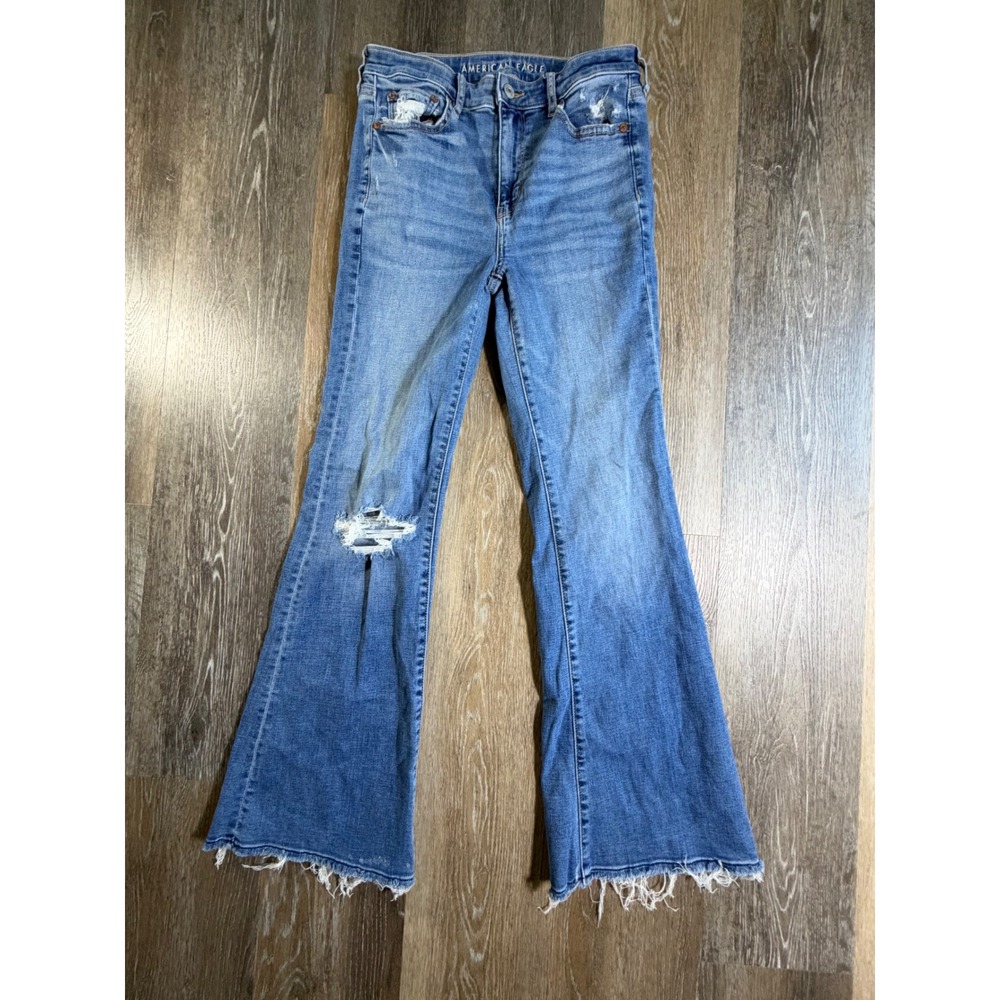 American Eagle Flare Jeans Womens 4 Blue Super Hi-Rise Distressed Raw Hem